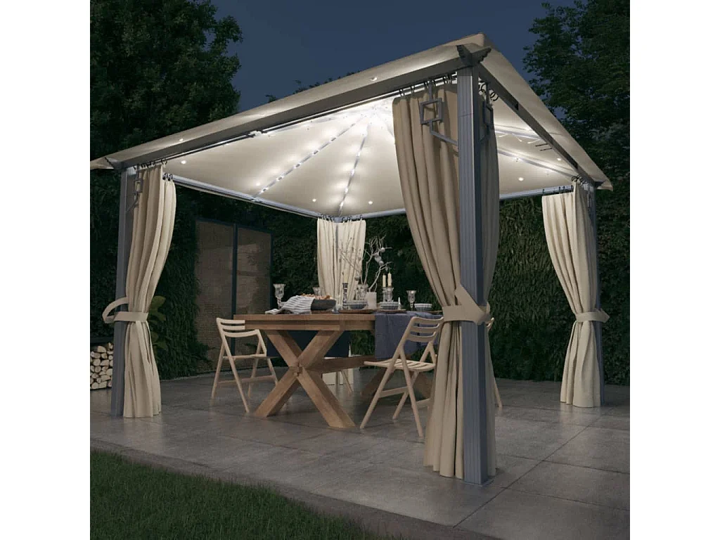 Cenador de aluminio color crema de 3 x 3 m con cortina y luces LED