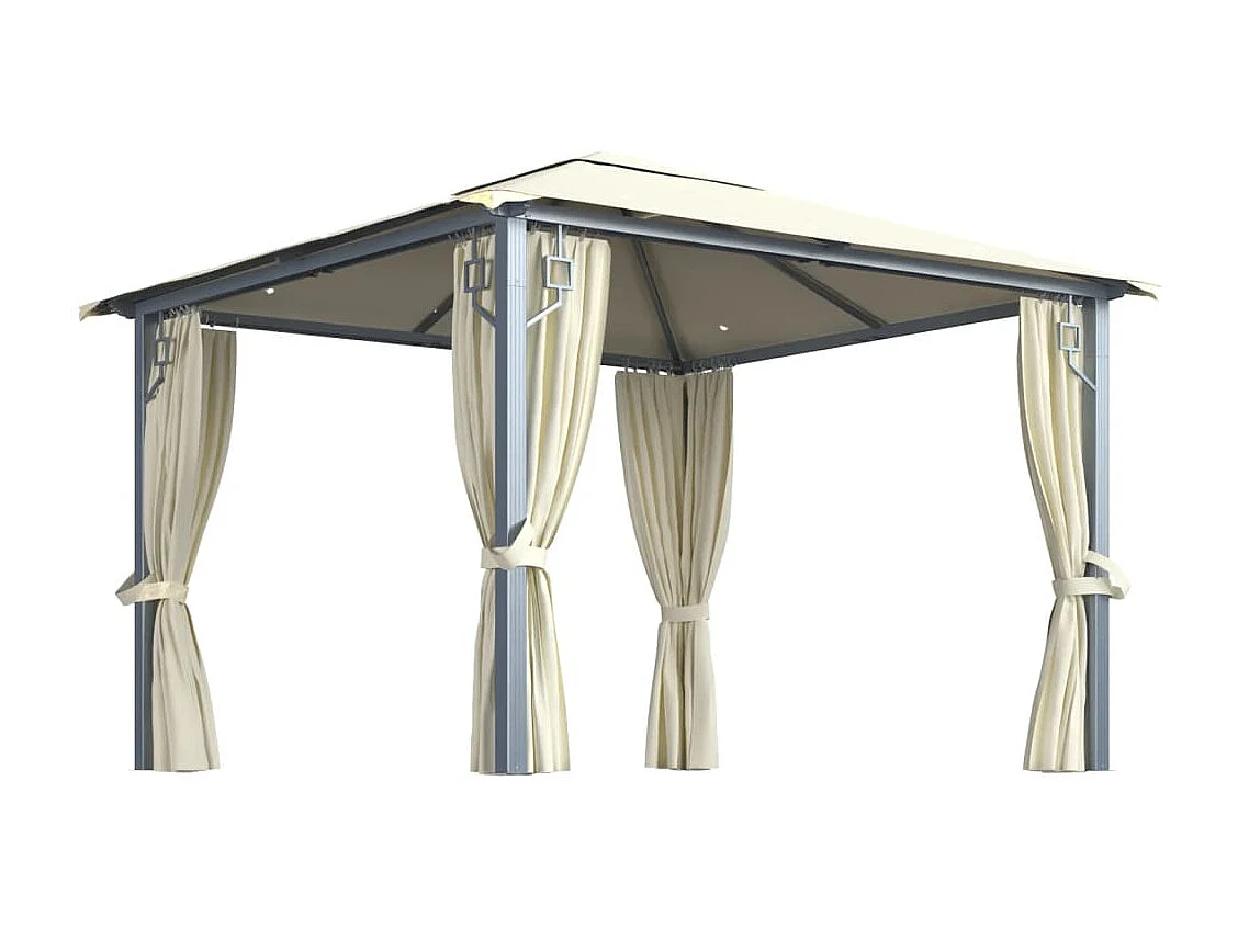 Cenador de aluminio color crema de 3 x 3 m con cortina y luces LED