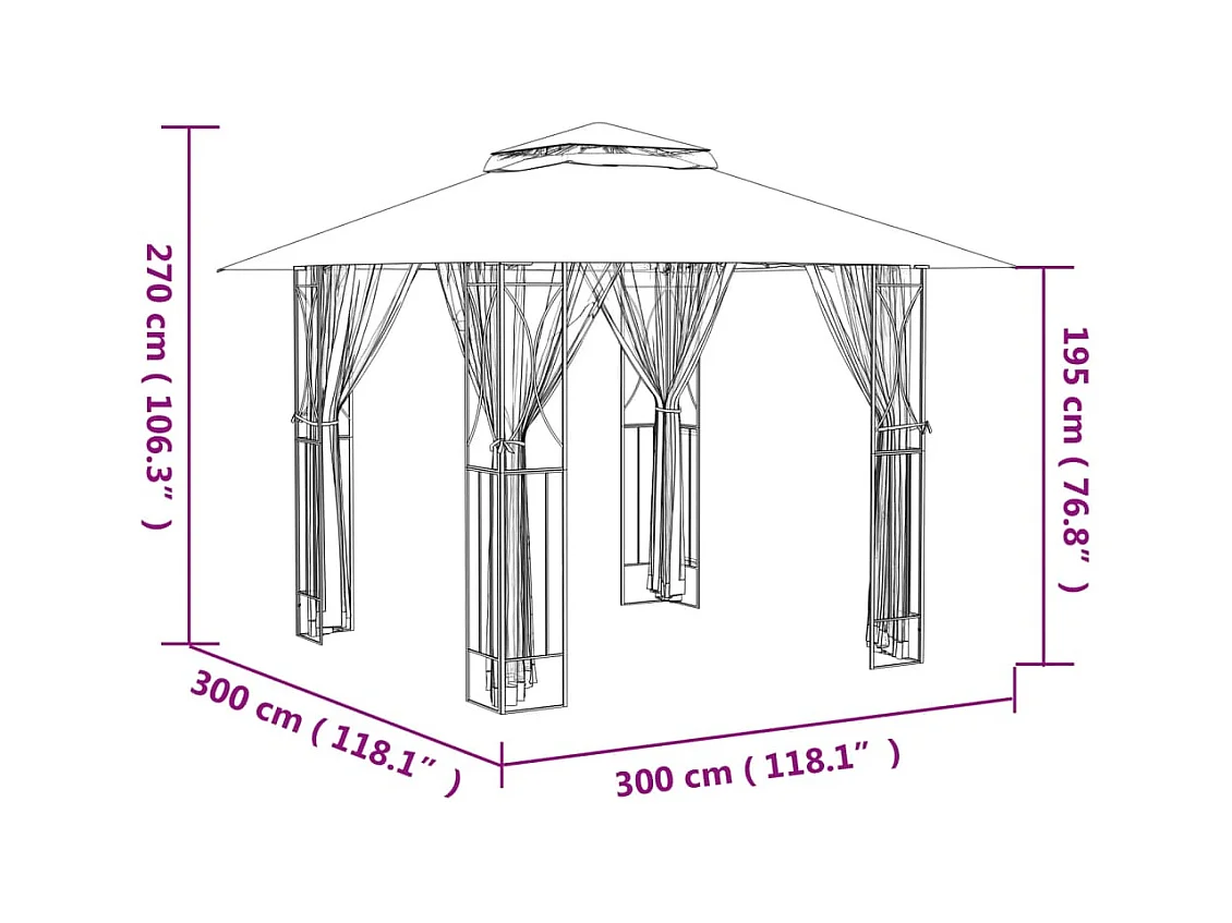 Cenador con paredes laterales antracita 300x300x270 cm acero