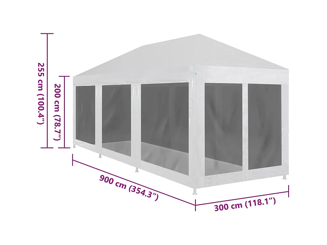 Carpa de recepción con 8 paredes de malla de 9 x 3 m