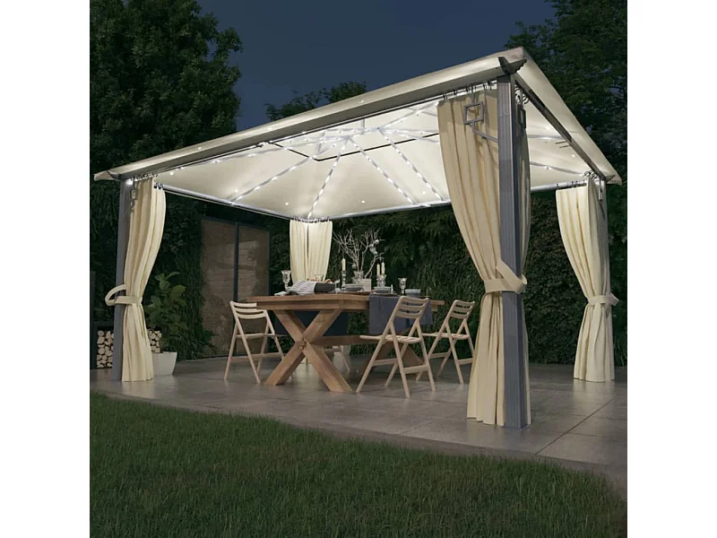 Tonnelle avec rideau et lumières LED 4x3 m Crème Aluminium