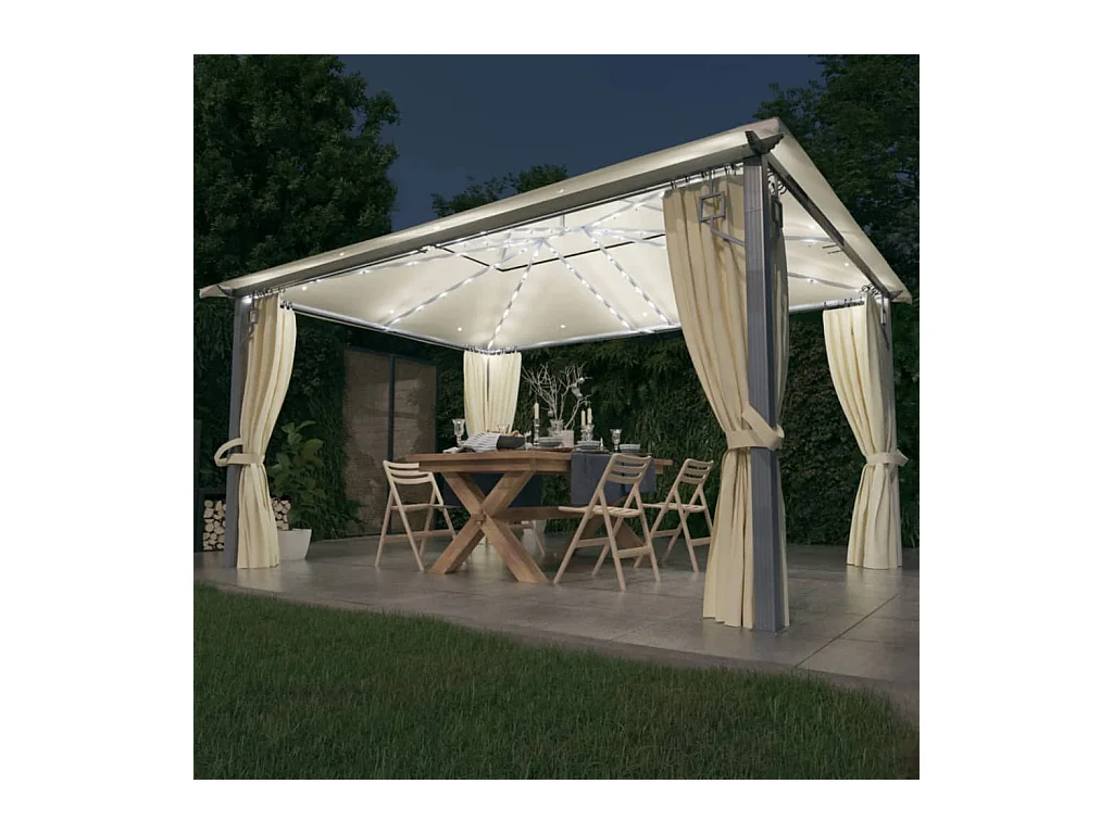 Tonnelle avec rideau et lumières LED 4x3 m Crème Aluminium