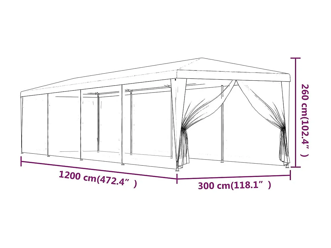 Partytent en 10 Mesh Zijwanden Blauw 3x12m HDPE
