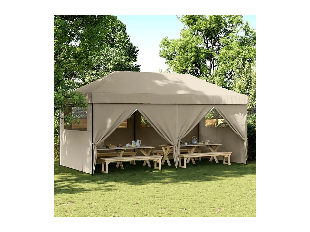 Carpa de recepción plegable retráctil con 4 paredes laterales en color topo