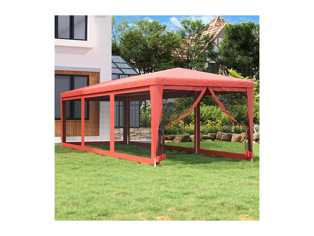 Carpa para fiestas con 8 paredes laterales de malla roja 3x9m HDPE