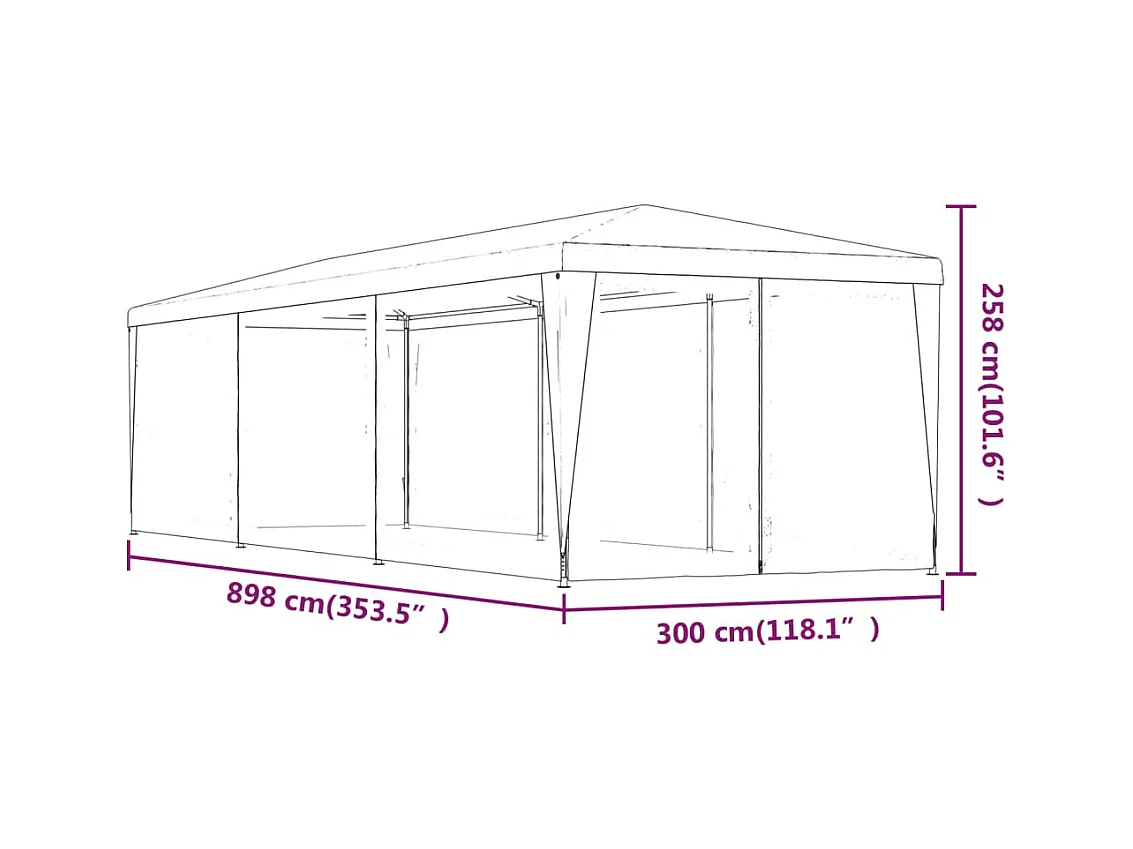 Carpa para fiestas con 8 paredes laterales de malla roja 3x9m HDPE