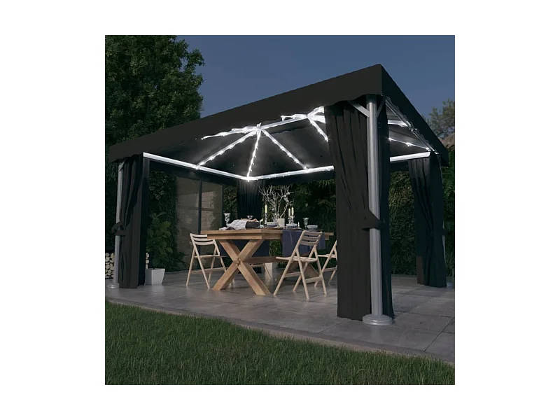Gazebo met gordijn en LED-lichtkrans 4x3m Antraciet