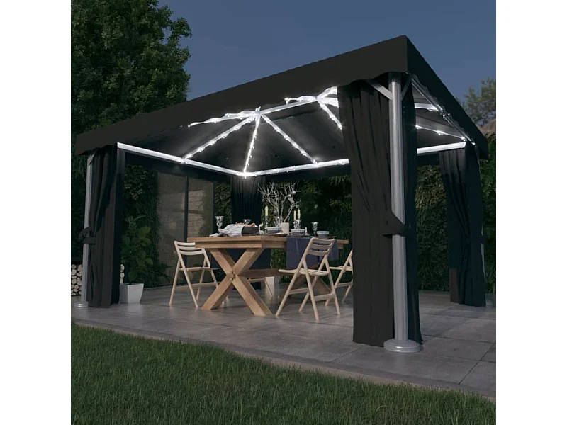Cenador con cortina y guirnalda de luces LED 4x3m Antracita