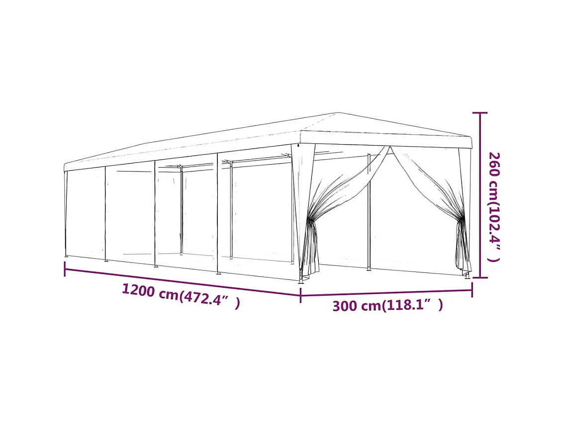 Carpa para fiestas y 10 paredes laterales de malla verde 3x12m HDPE