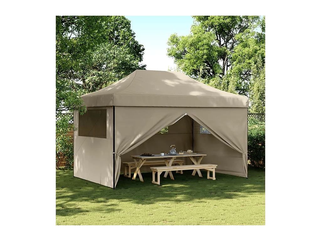 Carpa de recepción plegable retráctil con 4 paredes laterales en color topo