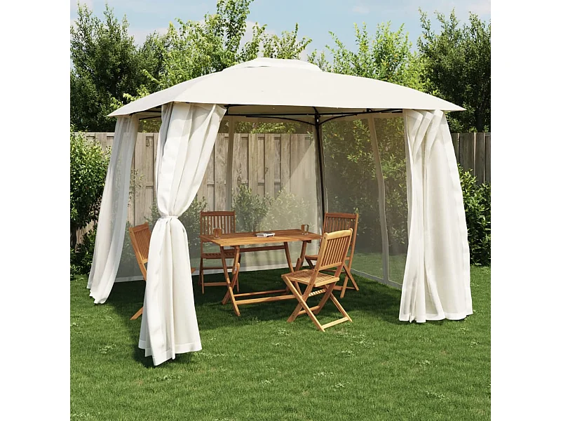 Gazebo con techo doble y paredes de malla de acero color crema