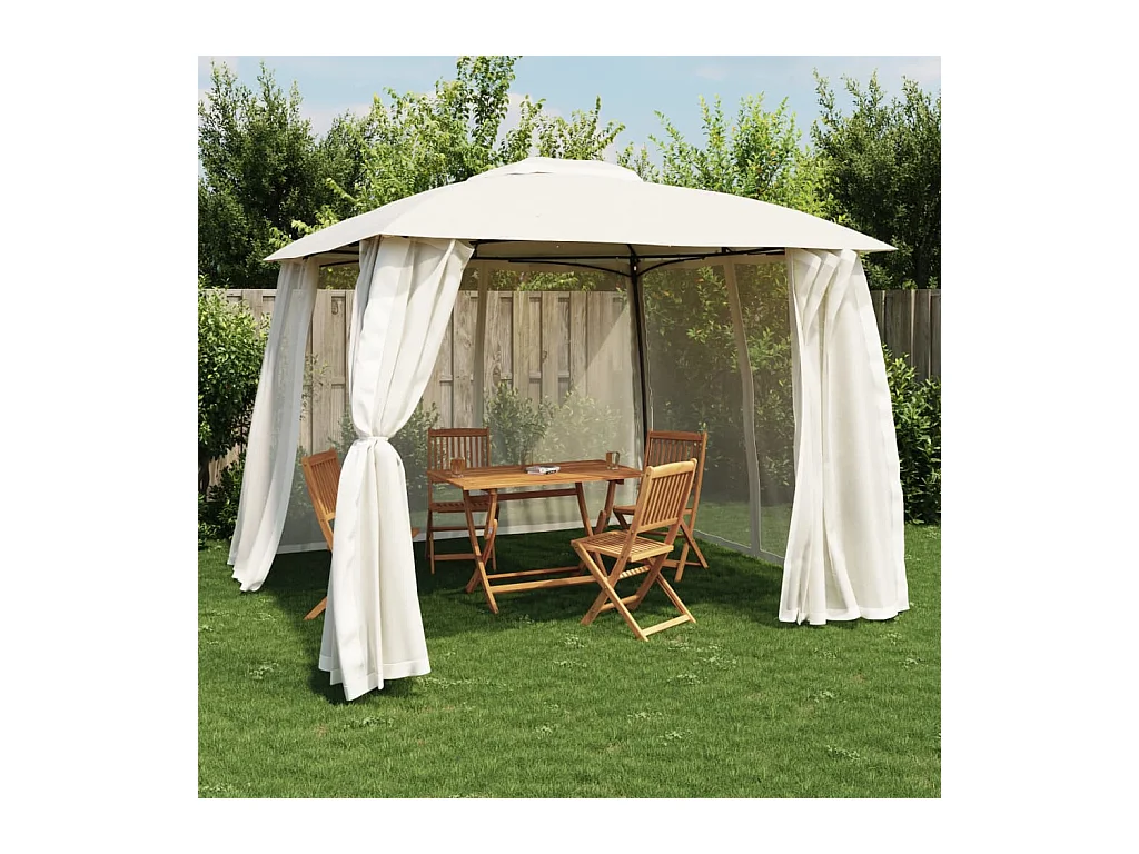 Gazebo con techo doble y paredes de malla de acero color crema