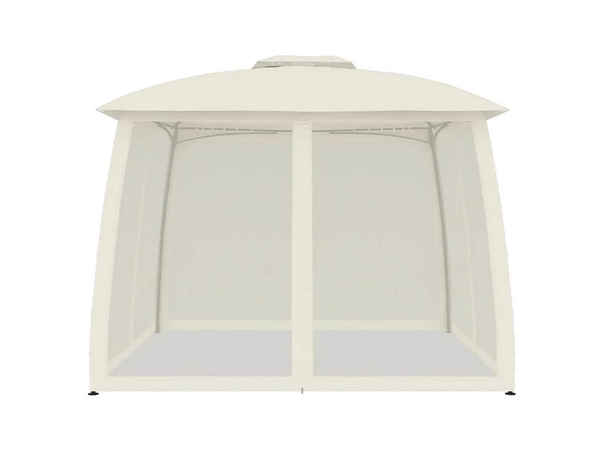 Gazebo con techo doble y paredes de malla de acero color crema