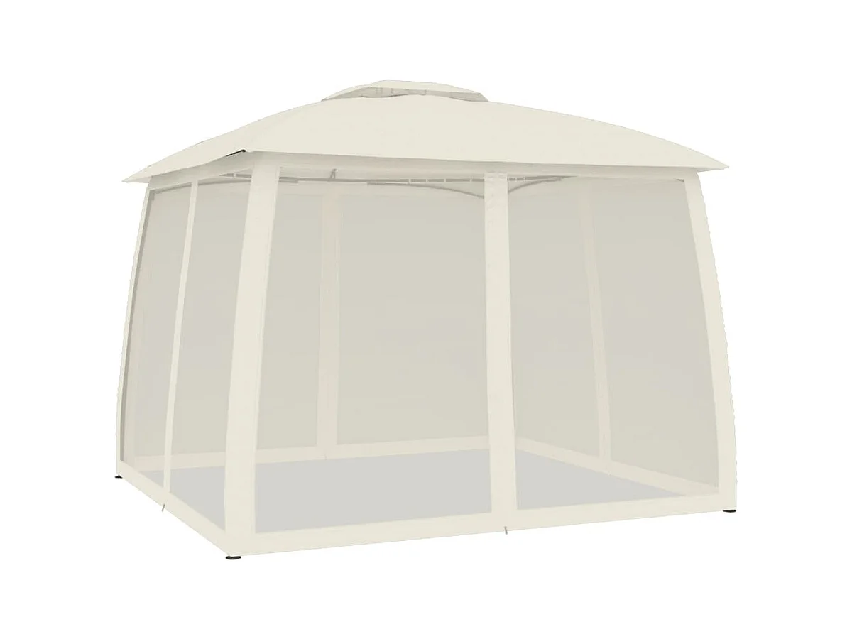 Gazebo con techo doble y paredes de malla de acero color crema