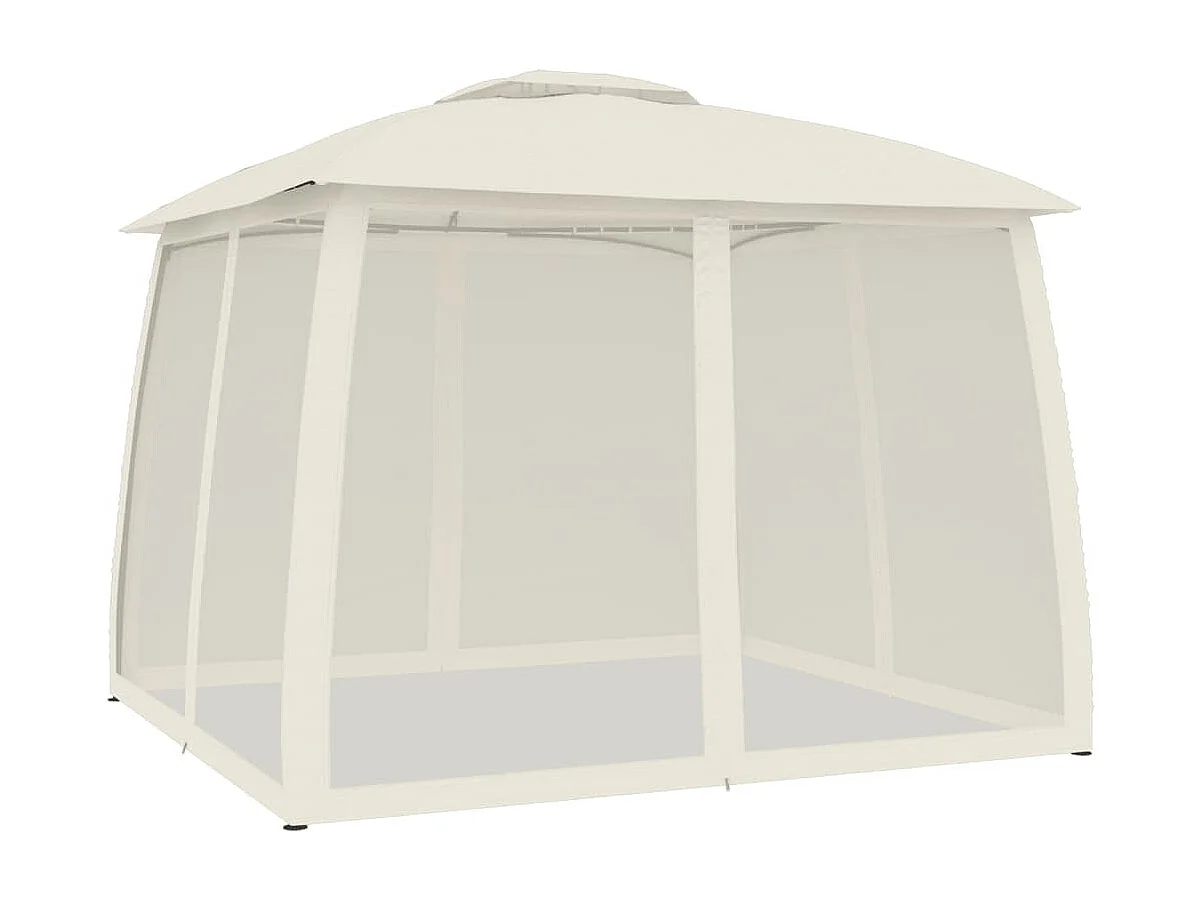 Gazebo con techo doble y paredes de malla de acero color crema