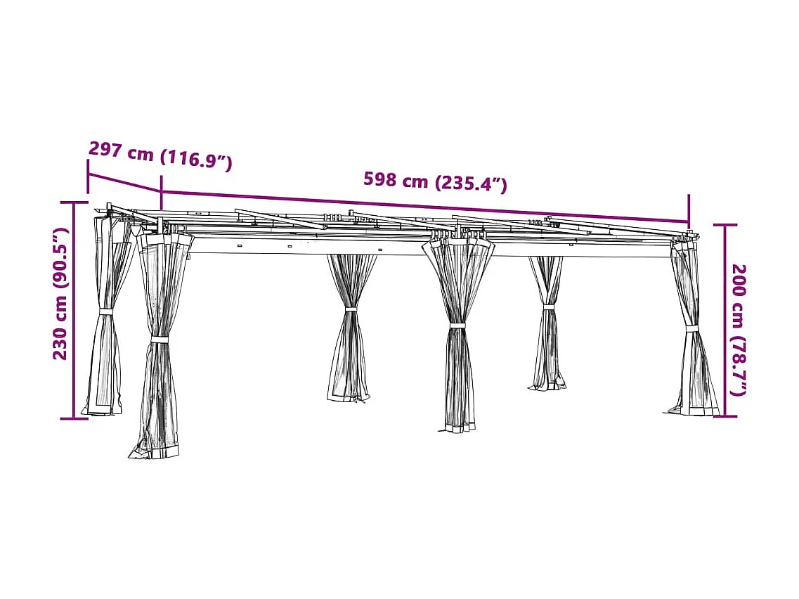 Cenador con paredes de malla color topo 6x3 m acero