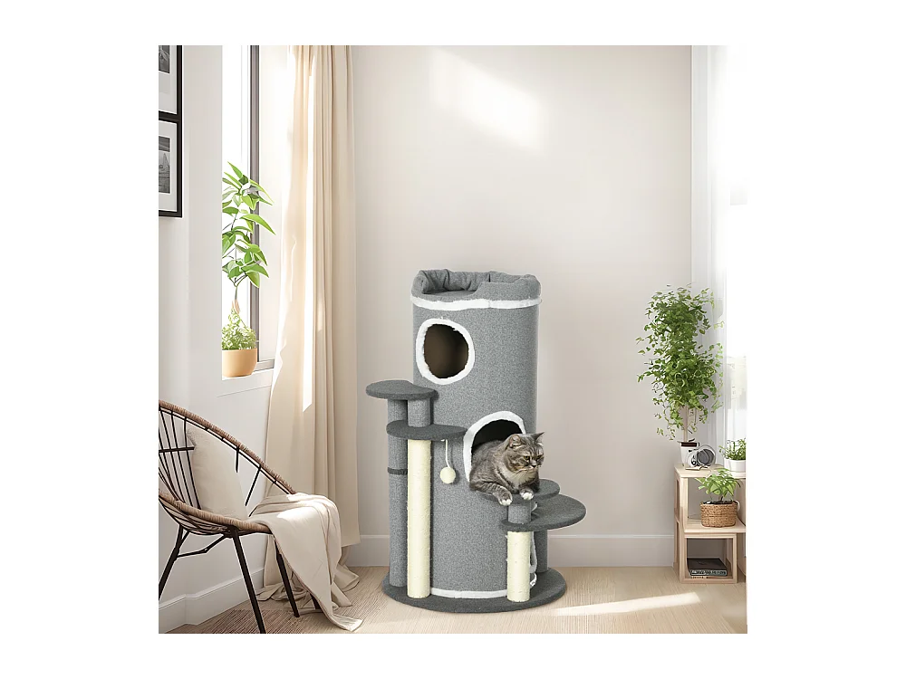 Kattenboom met 4 plateaus, sisal, spaanplaat, grijs (Ø57x99 cm)