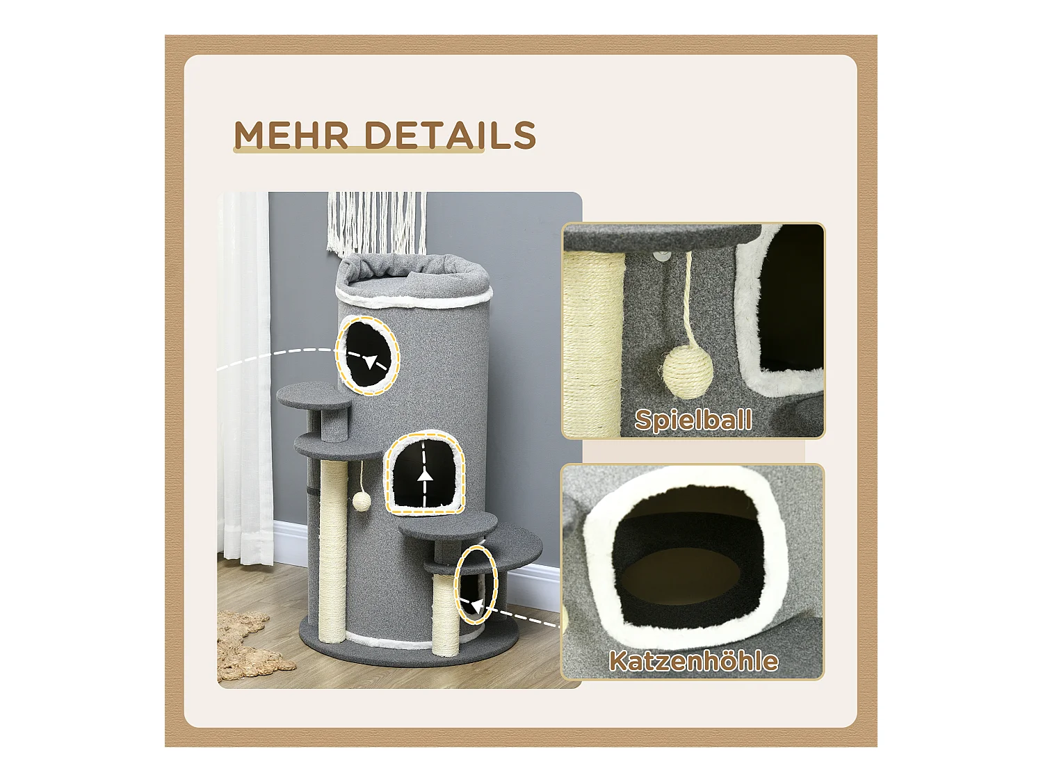 Kattenboom met 4 plateaus, sisal, spaanplaat, grijs (Ø57x99 cm)