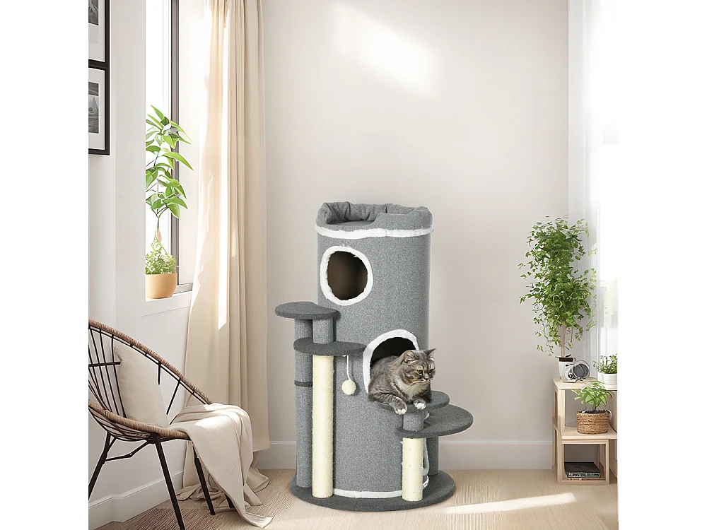 Arbre à chat avec 4 plateformes, sisal, bois aggloméré, gris (Ø57x99 cm)