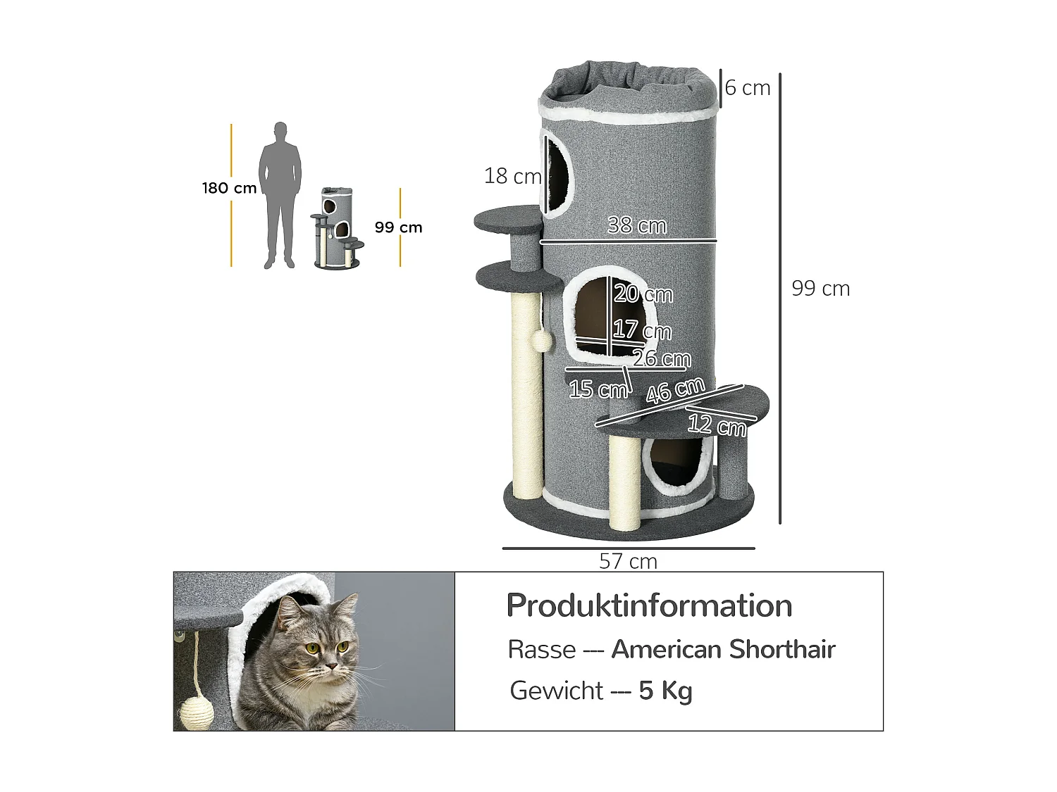 Arbre à chat avec 4 plateformes, sisal, bois aggloméré, gris (Ø57x99 cm)