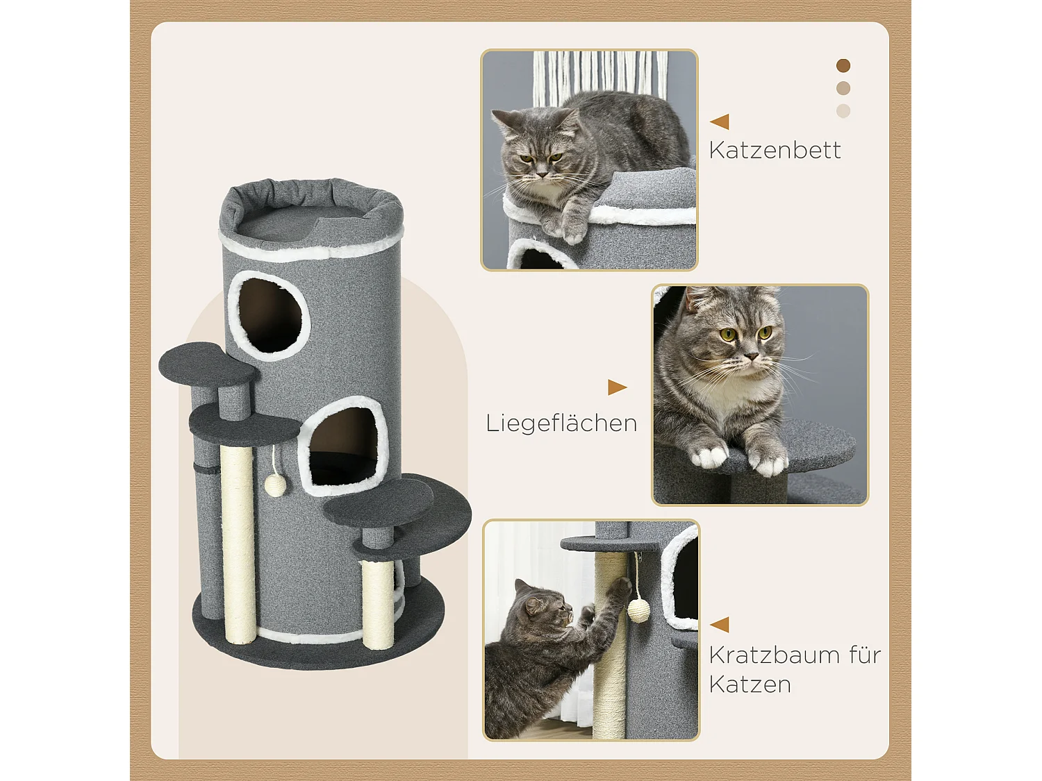 Arbre à chat avec 4 plateformes, sisal, bois aggloméré, gris (Ø57x99 cm)