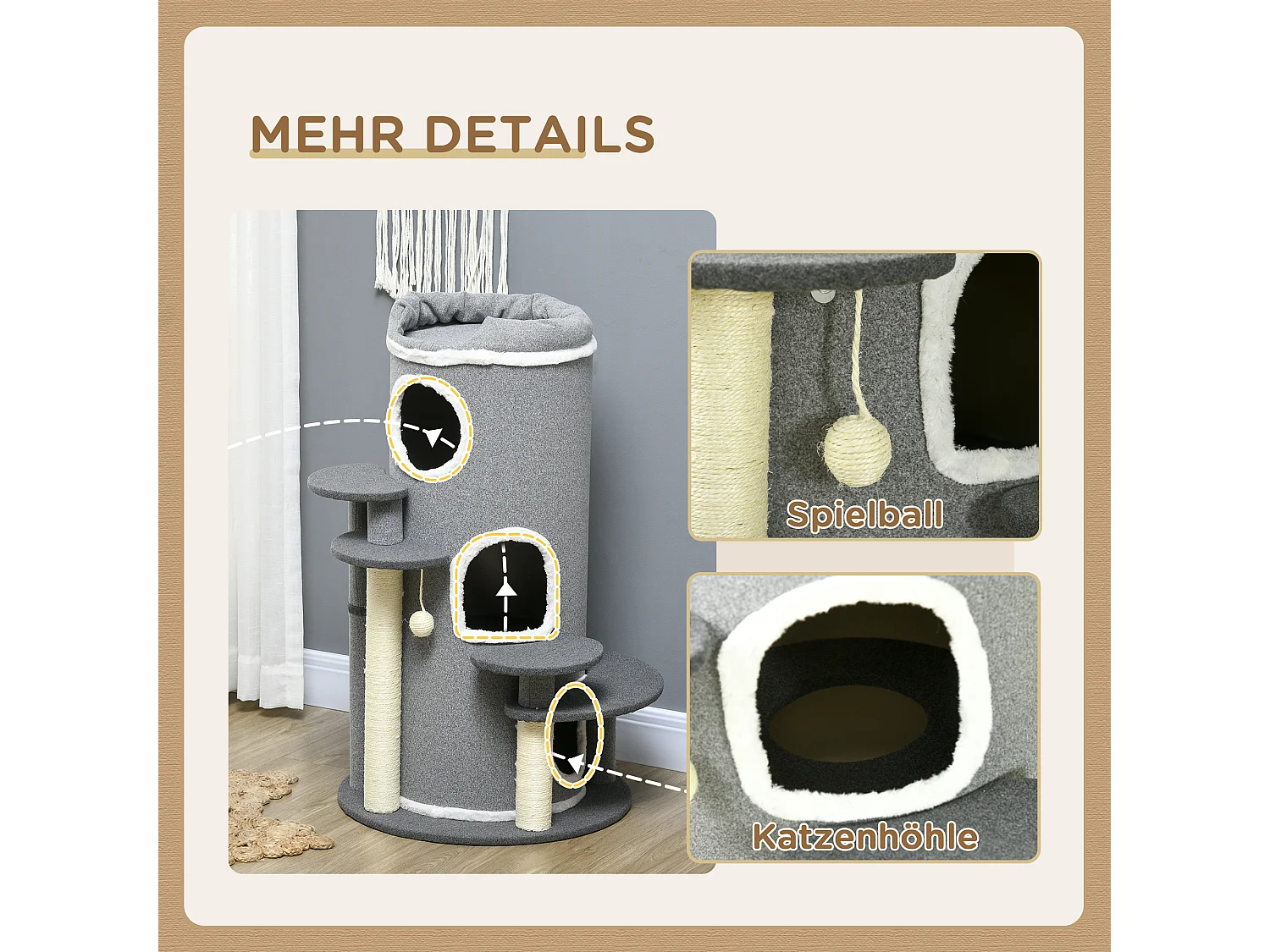 Arbre à chat avec 4 plateformes, sisal, bois aggloméré, gris (Ø57x99 cm)