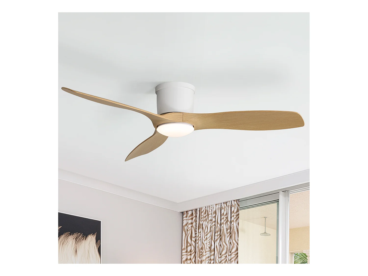 Ventilateur de plafond 52 pouces avec télécommande, 3 pales ABS, moteur DC réversible, éclairage LED dimmable 18W, blanc (132x132x22.86 cm)