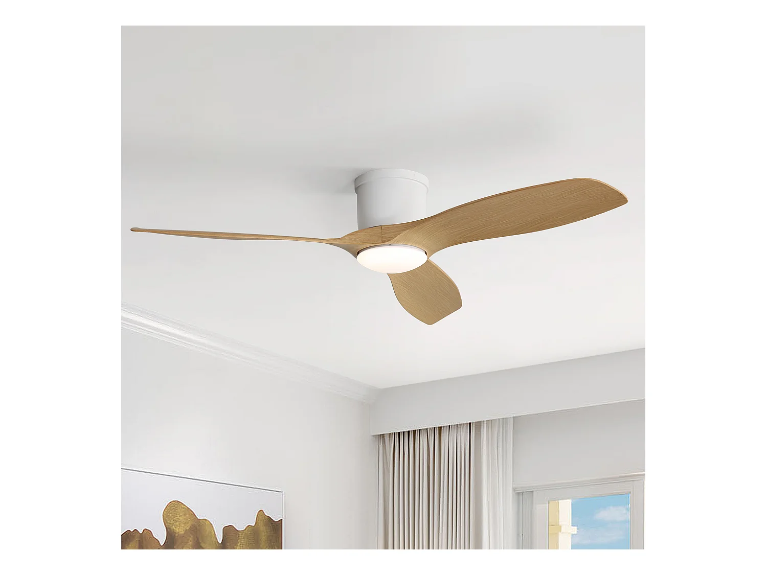 Ventilateur de plafond 52 pouces avec télécommande, 3 pales ABS, moteur DC réversible, éclairage LED dimmable 18W, blanc (132x132x22.86 cm)
