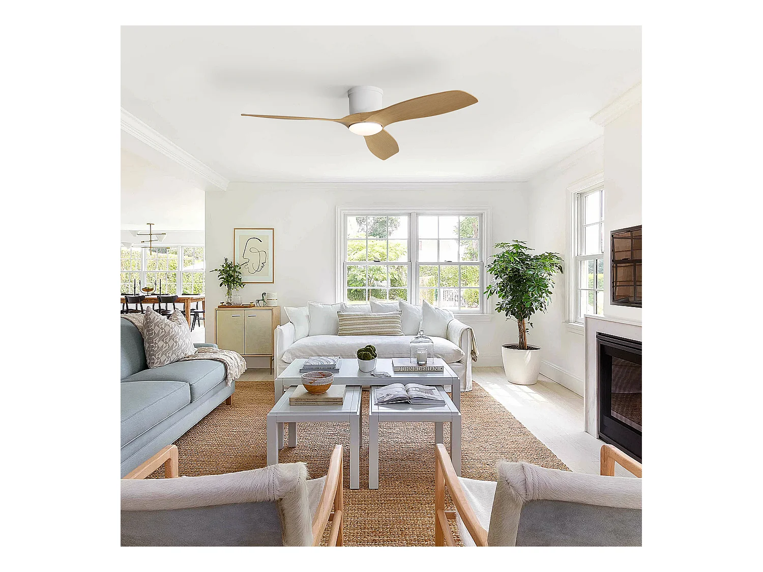 Ventilateur de plafond 52 pouces avec télécommande, 3 pales ABS, moteur DC réversible, éclairage LED dimmable 18W, blanc (132x132x22.86 cm)