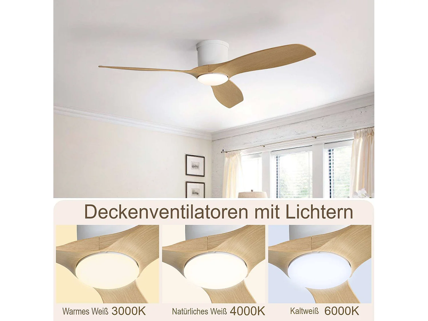Ventilateur de plafond 52 pouces avec télécommande, 3 pales ABS, moteur DC réversible, éclairage LED dimmable 18W, blanc (132x132x22.86 cm)