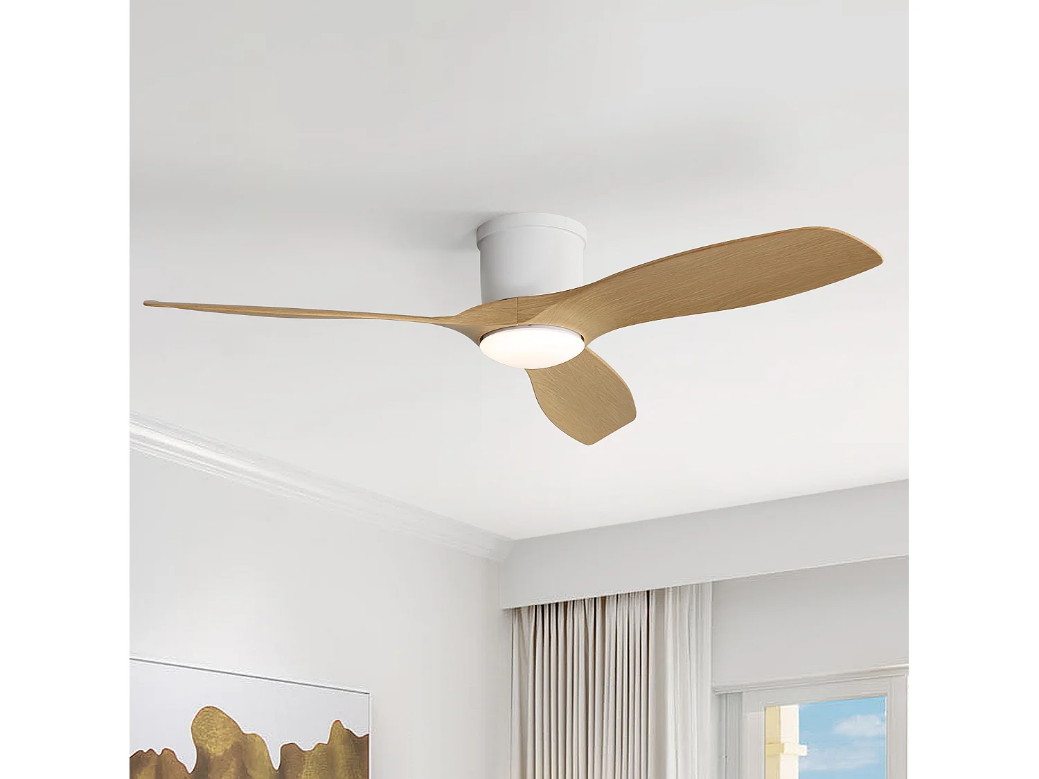 Ventilateur de plafond 52 pouces avec télécommande, 3 pales ABS, moteur DC réversible, éclairage LED dimmable 18W, blanc (132x132x22.86 cm)