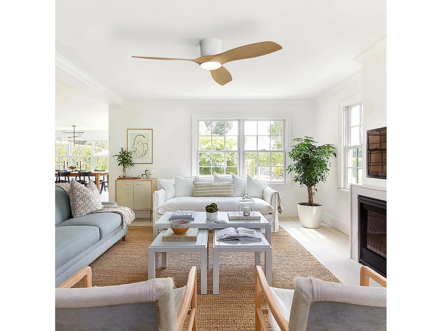 Ventilateur de plafond 52 pouces avec télécommande, 3 pales ABS, moteur DC réversible, éclairage LED dimmable 18W, blanc (132x132x22.86 cm)