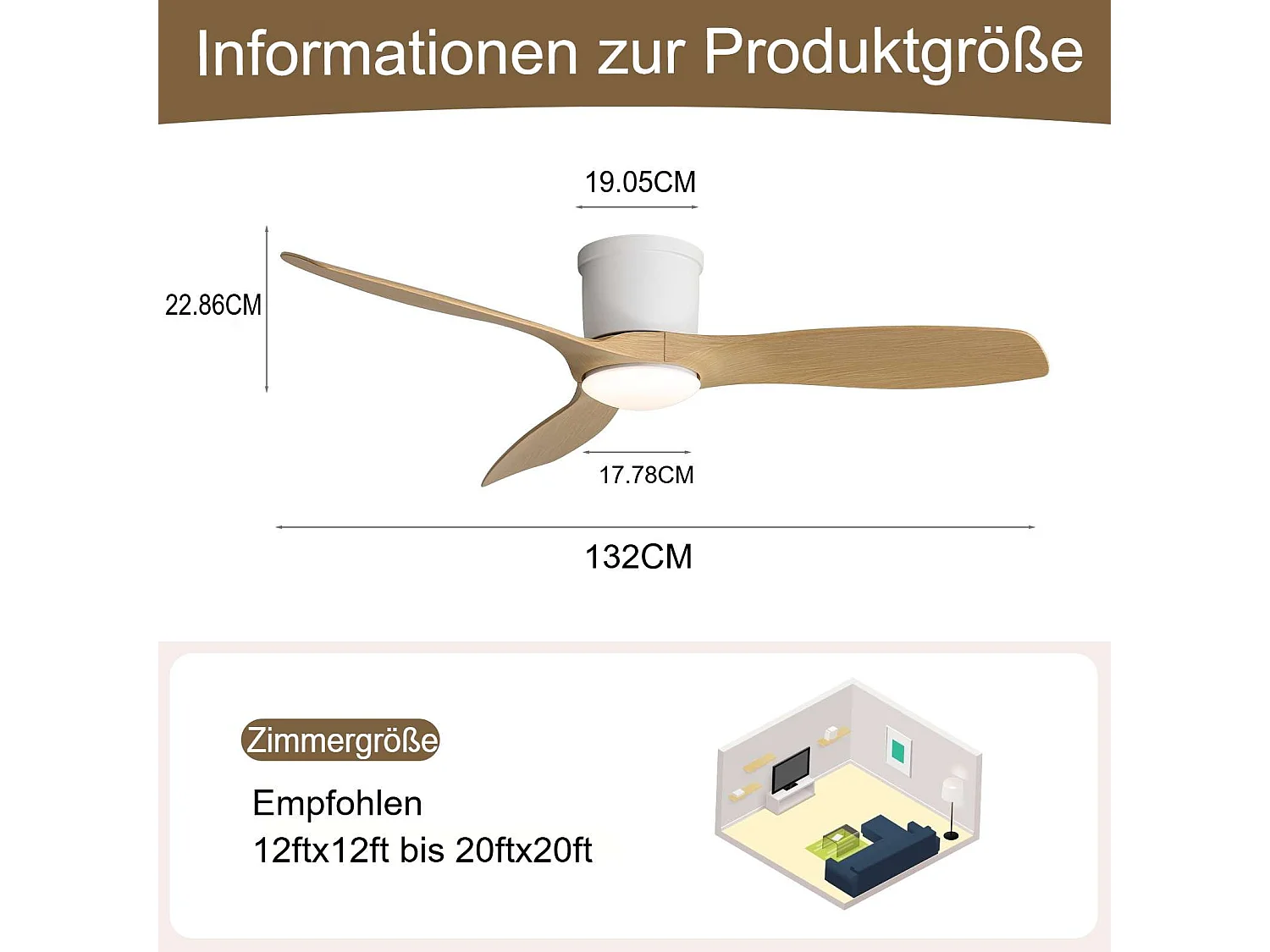 Ventilateur de plafond 52 pouces avec télécommande, 3 pales ABS, moteur DC réversible, éclairage LED dimmable 18W, blanc (132x132x22.86 cm)