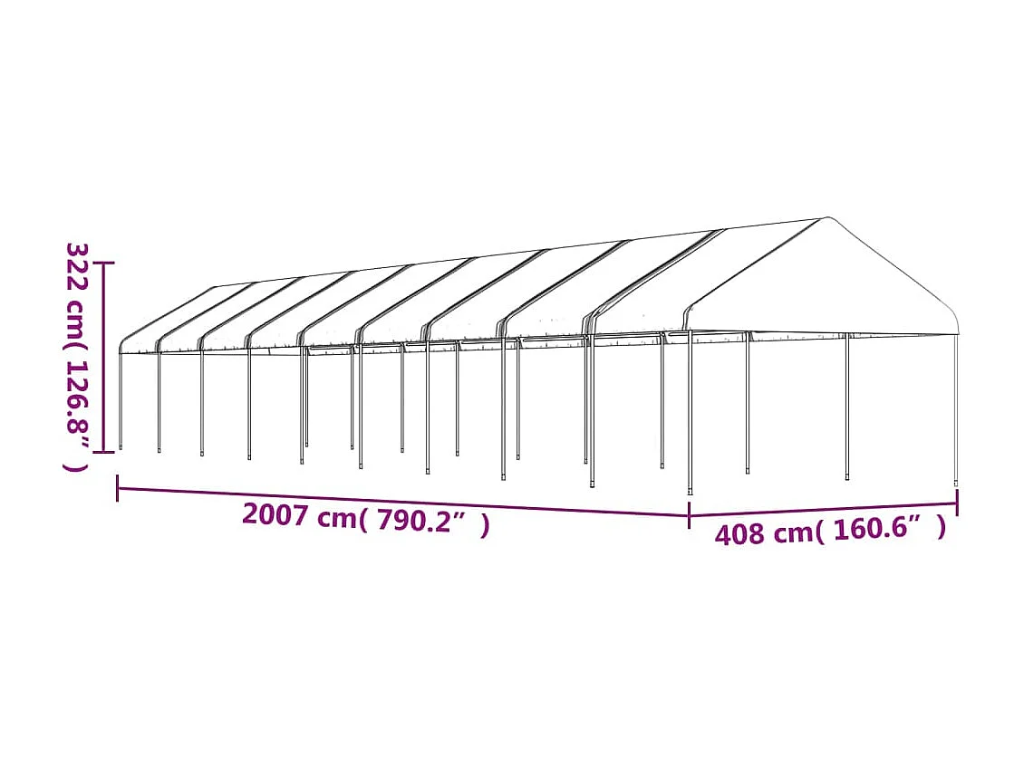 Gazebo con tetto bianco 20,07x4,08x3,22 m in polietilene