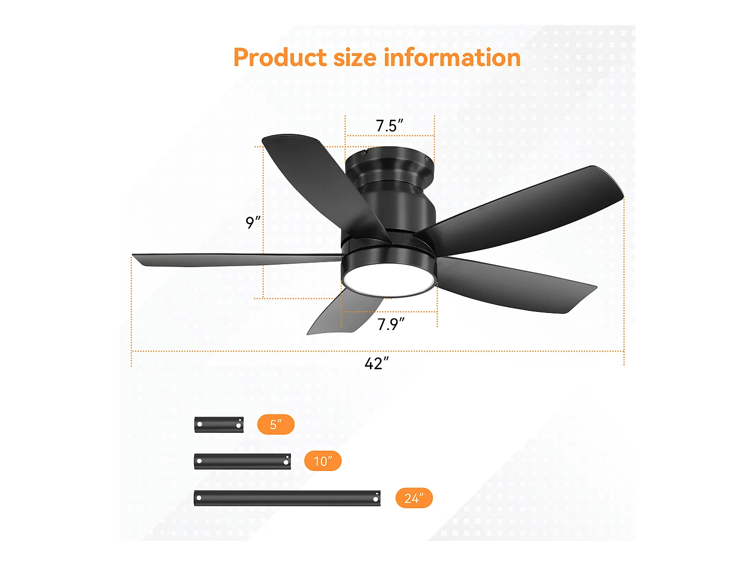 Ventilateur de plafond 42 pouces avec éclairage LED 18W, télécommande, 5 pales ABS, moteur DC réversible, noir (106.68x106.68x23.11 cm)