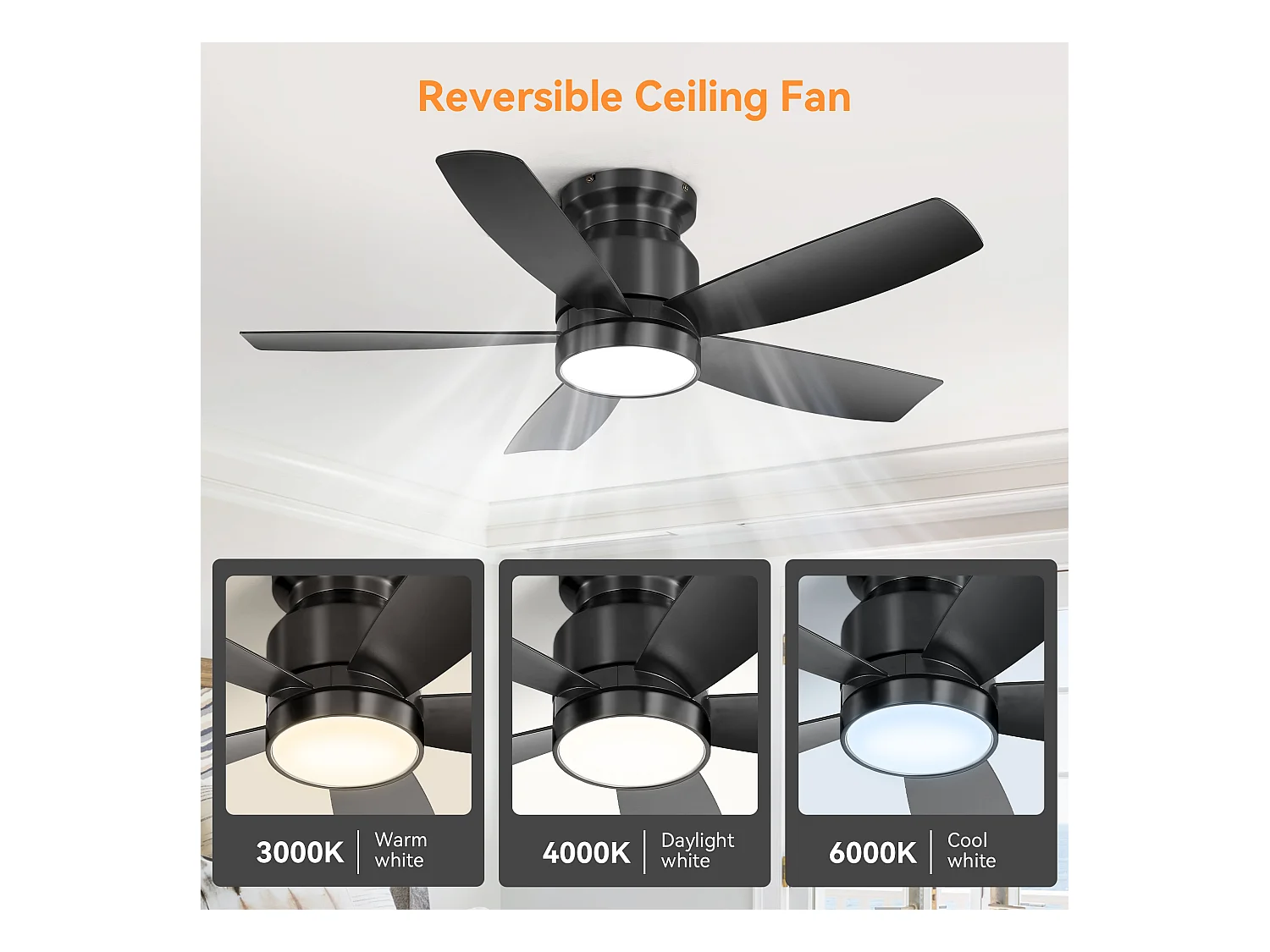 Ventilateur de plafond 42 pouces avec éclairage LED 18W, télécommande, 5 pales ABS, moteur DC réversible, noir (106.68x106.68x23.11 cm)