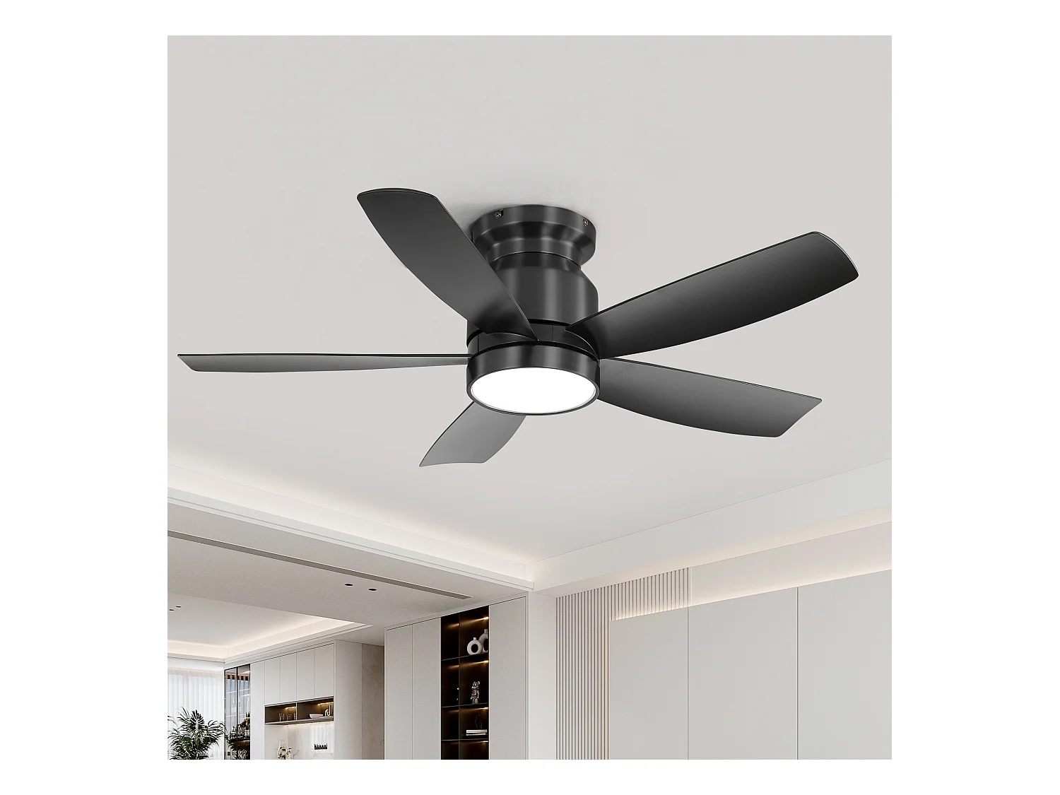 Ventilateur de plafond 42 pouces avec éclairage LED 18W, télécommande, 5 pales ABS, moteur DC réversible, noir (106.68x106.68x23.11 cm)