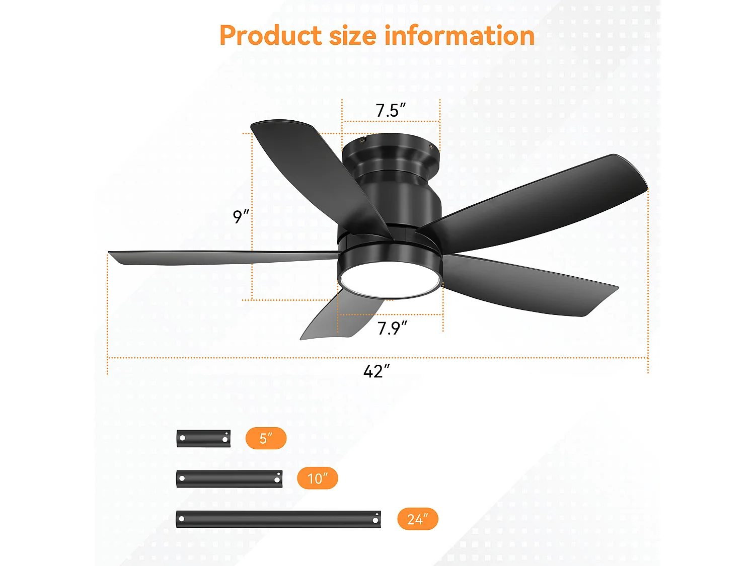 Plafondventilator van 42 inch met 18W LED-verlichting, afstandsbediening, 5 ABS-bladen, omkeerbare DC-motor, zwart (106,68 x 106,68 x 23,11 cm)