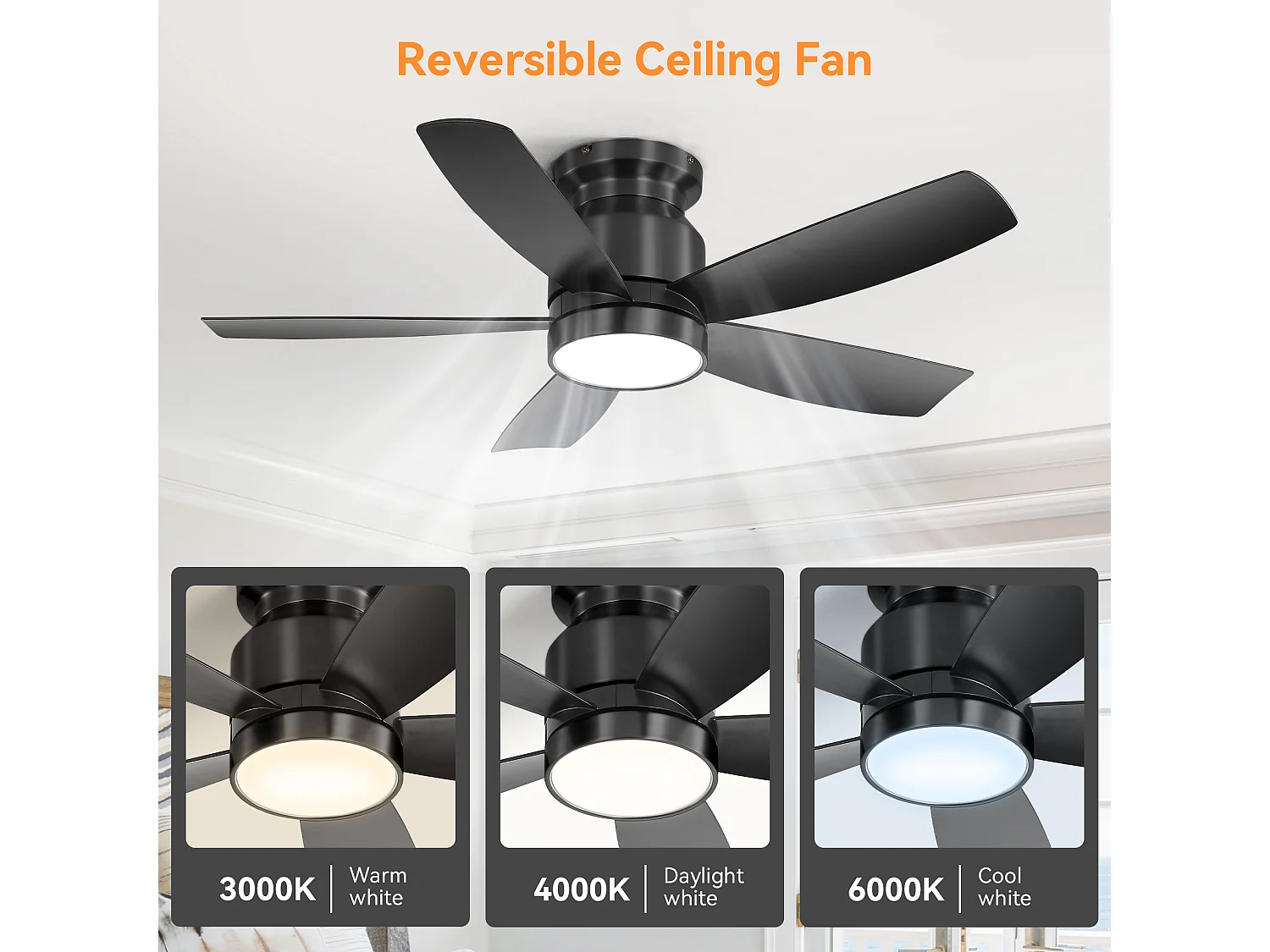 Plafondventilator van 42 inch met 18W LED-verlichting, afstandsbediening, 5 ABS-bladen, omkeerbare DC-motor, zwart (106,68 x 106,68 x 23,11 cm)