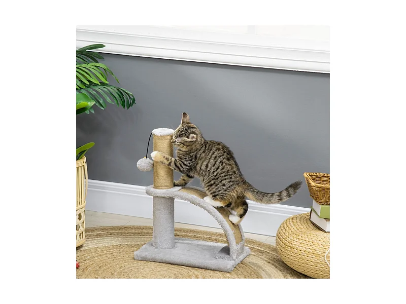 Kattenboom met sisal, platform en speeltje, hout, grijs (34x24x43 cm)