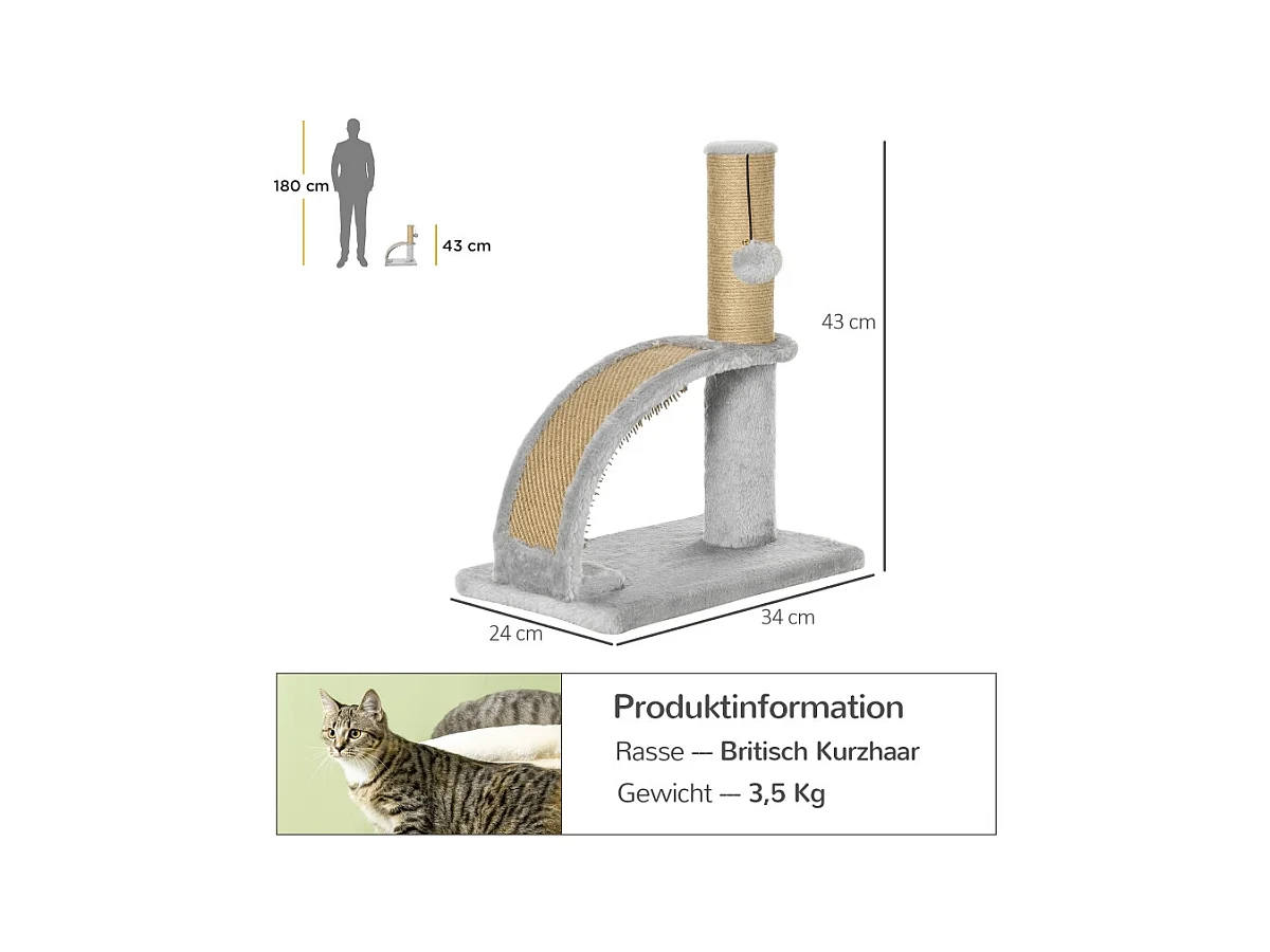Kattenboom met sisal, platform en speeltje, hout, grijs (34x24x43 cm)