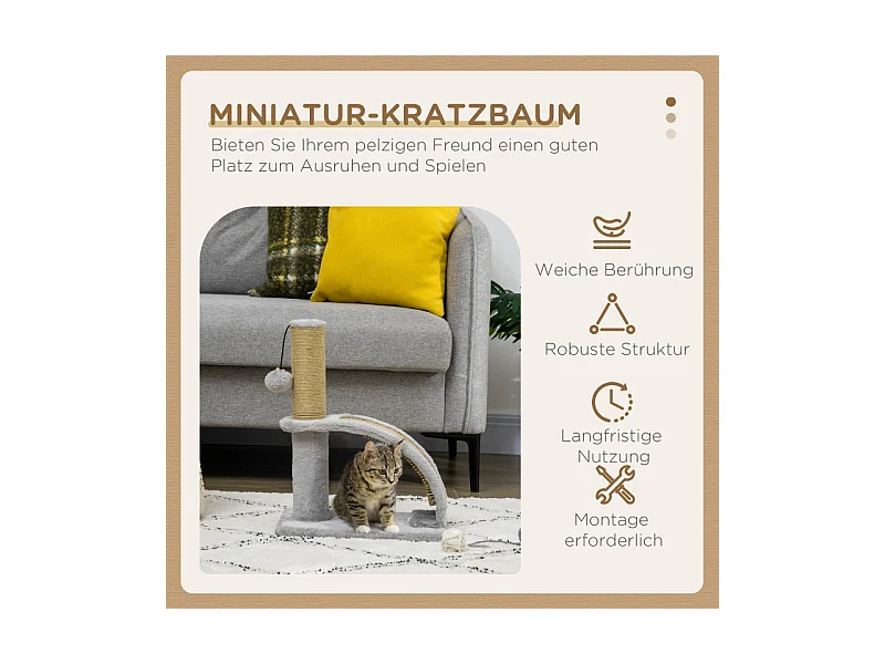 Kattenboom met sisal, platform en speeltje, hout, grijs (34x24x43 cm)