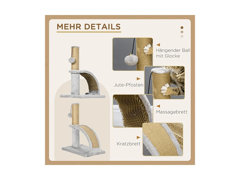 Kattenboom met sisal, platform en speeltje, hout, grijs (34x24x43 cm)