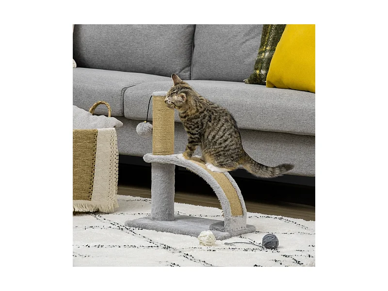Kattenboom met sisal, platform en speeltje, hout, grijs (34x24x43 cm)