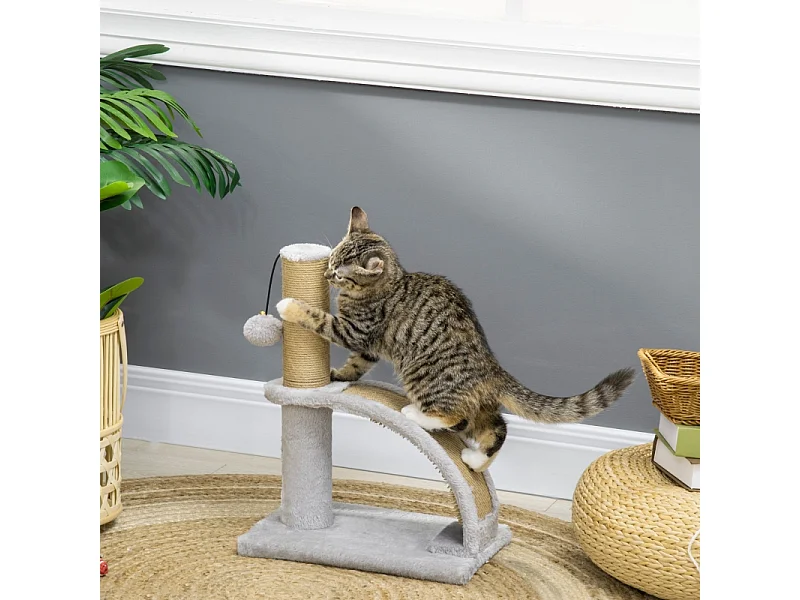 Arbre à chat avec sisal, plateforme et jouet, en bois, gris (34x24x43 cm)