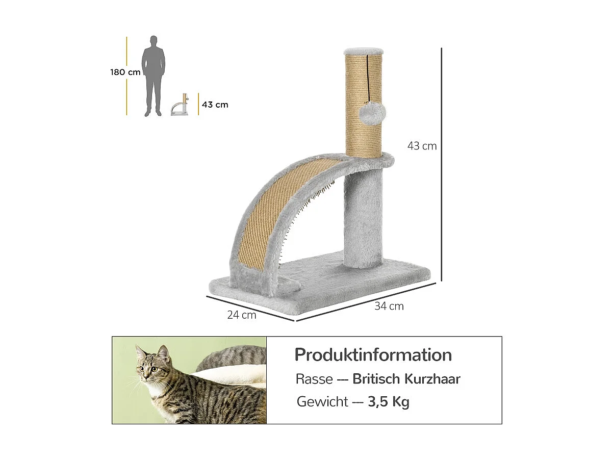 Arbre à chat avec sisal, plateforme et jouet, en bois, gris (34x24x43 cm)