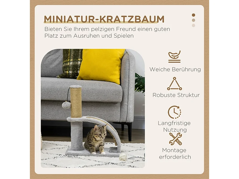 Arbre à chat avec sisal, plateforme et jouet, en bois, gris (34x24x43 cm)