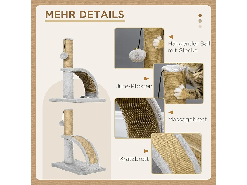 Arbre à chat avec sisal, plateforme et jouet, en bois, gris (34x24x43 cm)