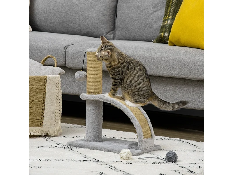 Arbre à chat avec sisal, plateforme et jouet, en bois, gris (34x24x43 cm)