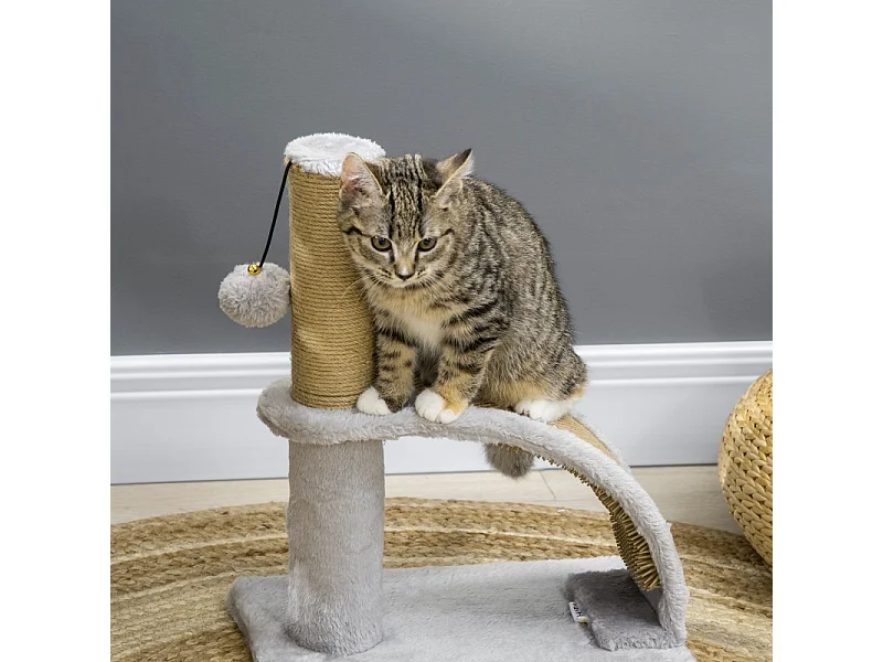 Arbre à chat avec sisal, plateforme et jouet, en bois, gris (34x24x43 cm)